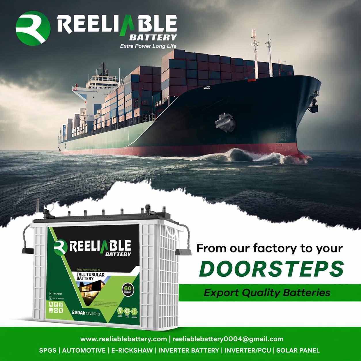 Reeliable Battery poster — From our factory to your doorsteps, export quality batteries