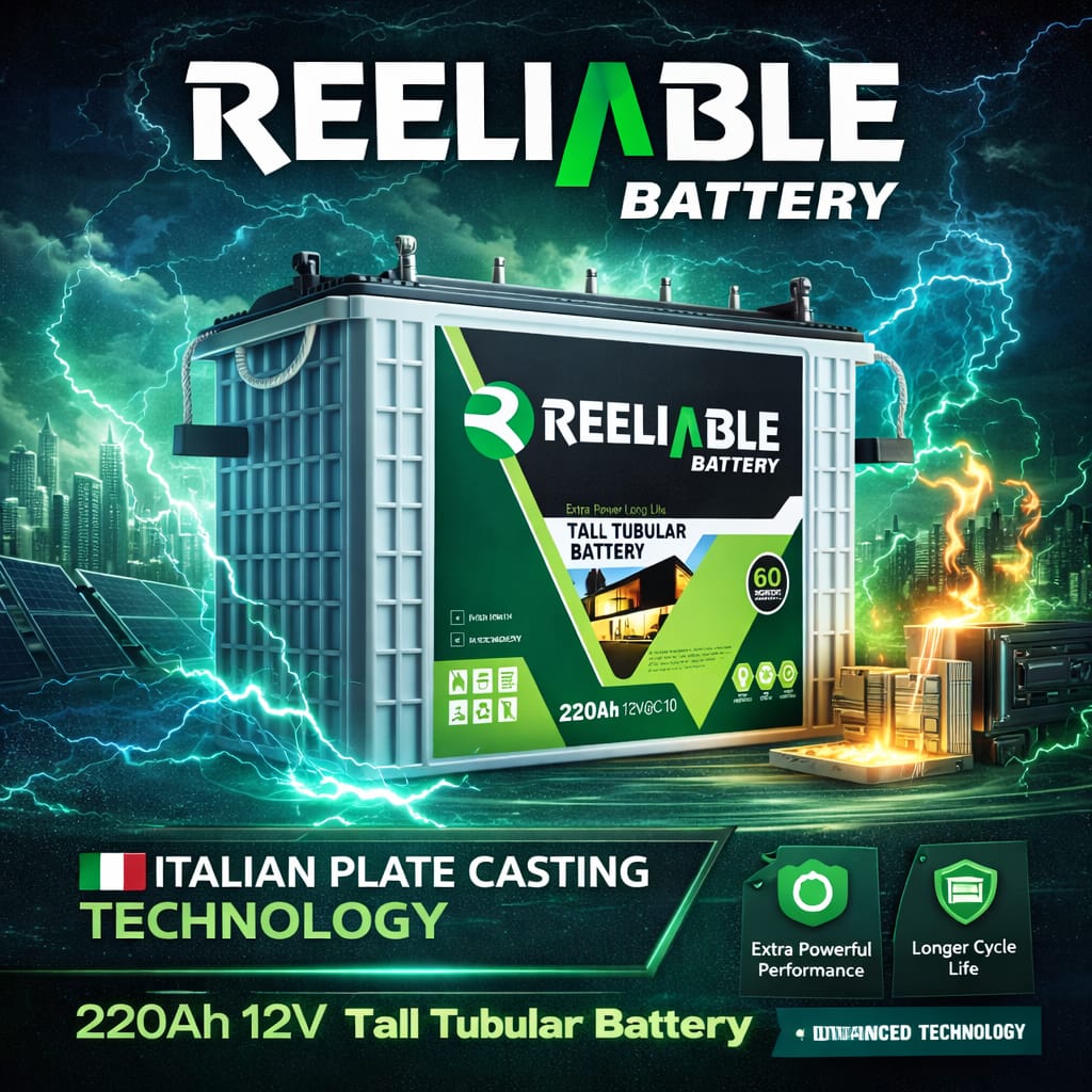 Reeliable Battery poster — Italian plate casting technology, 220Ah 12V tall tubular battery
