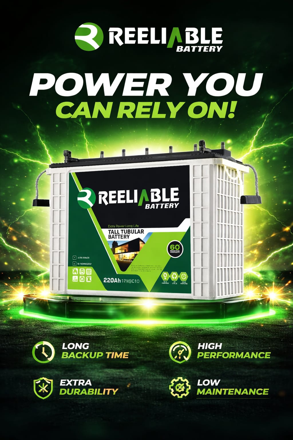 Reeliable Battery poster — Power you can rely on, long backup and high performance